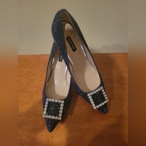 Nine West Glitter Heels with Crystal Accent Buckle Toe